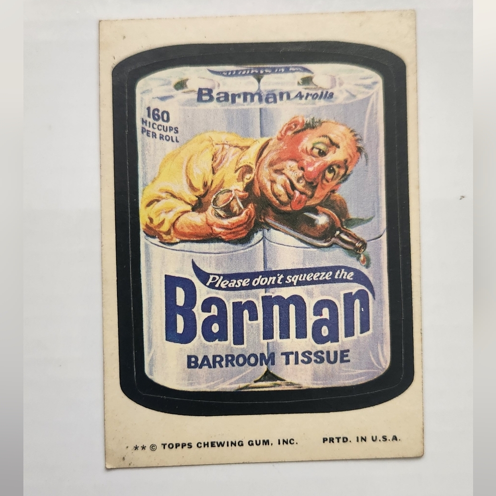 🧻 RARE Tan Back Vintage 1973 Wacky Packages - Barman Sticker (Topps) trading🍻